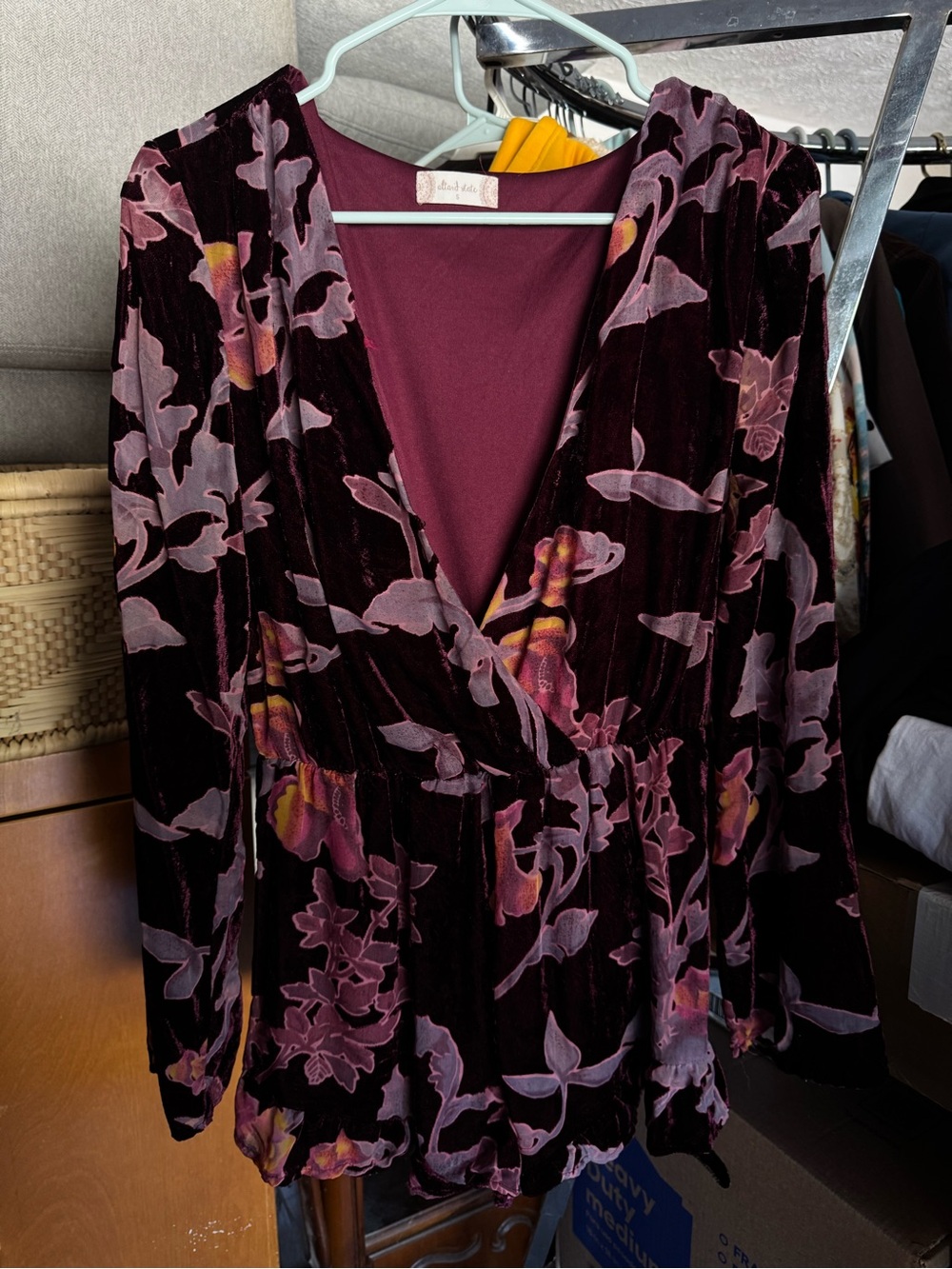 Altar'd State Wine Floral Velvet Surplice Romper